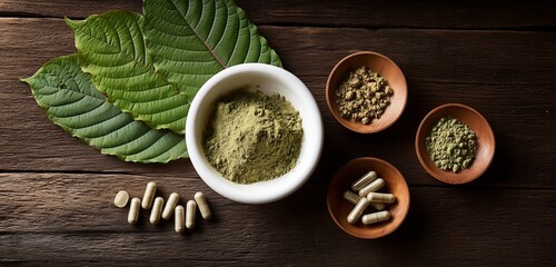 Overhead view of kratom leaves powder and capsules on a dark wooden surface in natural light
