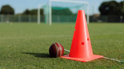 Cricket ball and orange cone on grass sports field, training