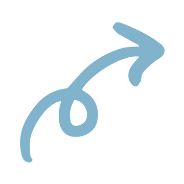 A whimsical handdrawn light blue arrow with a curly loop pointing right.