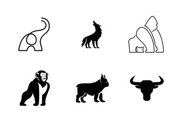 Animal Icon Set: Elephant, Wolf, Gorilla, Monkey, Dog, Bull