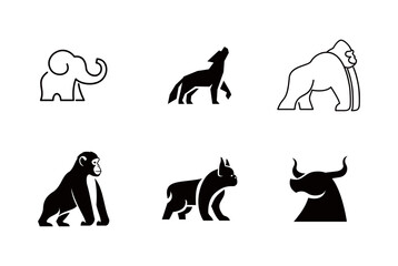 Animal Logo Icons: Elephant, Wolf, Gorilla, Monkey, Dog, Bull