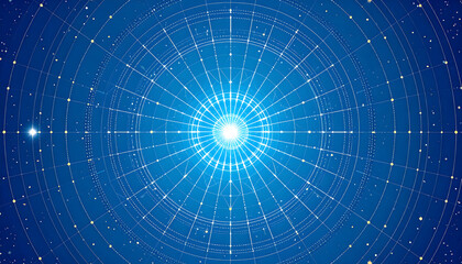 Fototapeta premium Abstract Blue Circular Pattern With White Dots And Lines Illuminating A Bright Center