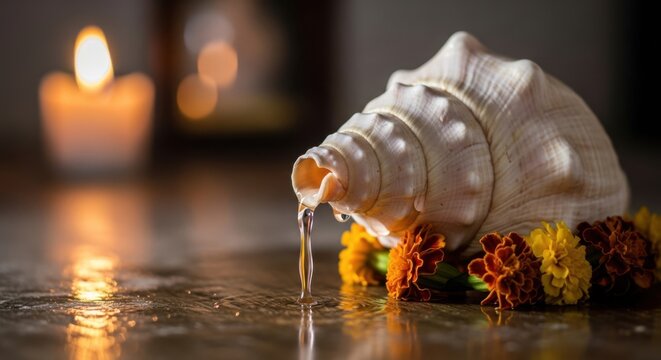 Sacred Ocean Shell Offering with Floral Decoration and Candlelight