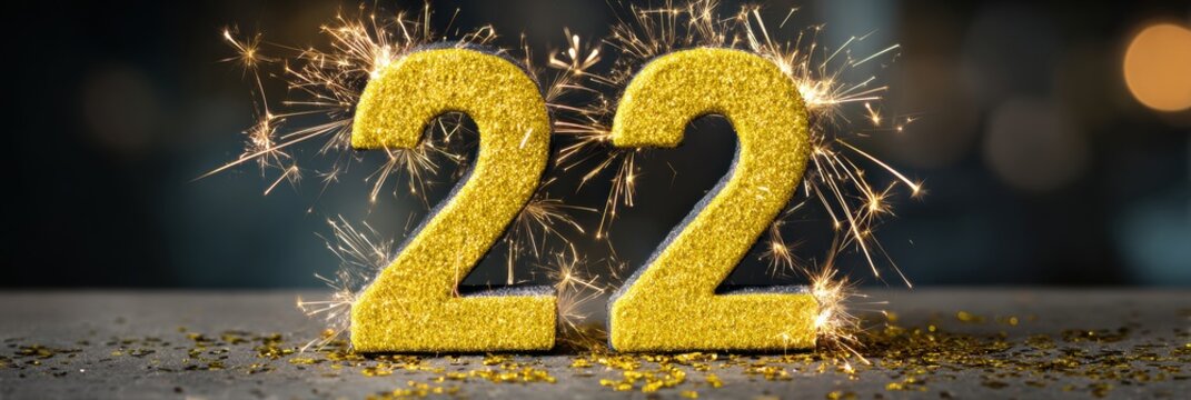 Celebration of an Important Milestone With Golden Number 22 and Sparkling Fireworks During a Festive Event at Night