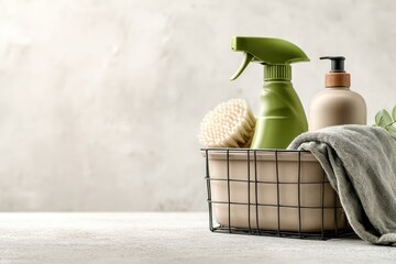 Organized cleaning supplies in a basket