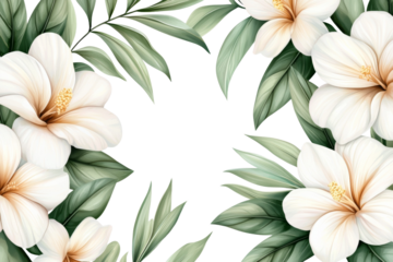 White flower with green leaves is the main focus of the image, isolated