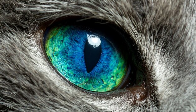 Close-up of a cat's eye with vibrant colors.