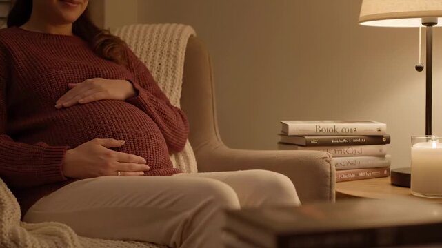 pregnant woman big belly - A serene moment of a pregnant woman sitting comfortably in a cozy living room, reflecting on motherhood, with books and a candle softly illuminating the space
