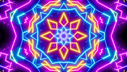 Abstract Geometric Neon Design with Vibrant Colors and Symmetrical Starburst Pattern on Black Background