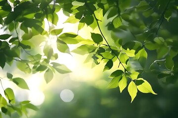 Obraz premium Green leaves swaying in the sunlight, enchanting and peaceful atmosphere with soft focus on their delicate textures