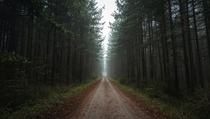 Fototapeta premium Journey Through the Woodland Path: An atmospheric woodland scene, a dirt path stretches invitingly between towering trees, fading into the misty distance, offering a sense of calm. 