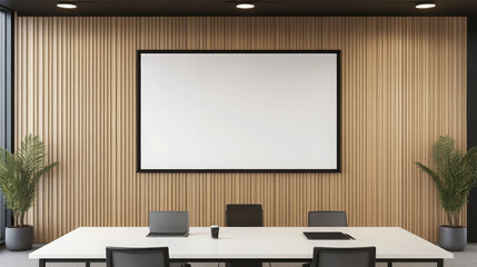 Modern office meeting room with large whiteboard projector, laptops, and plants, minimal style