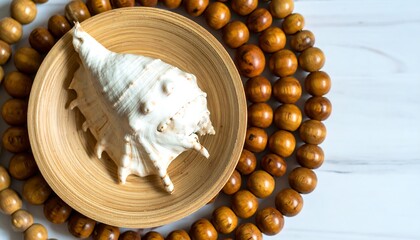 Seashell on wooden plate,  beaded circle