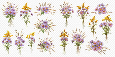 A collection of beautiful rustic bouquets featuring purple asters, yellow goldenrod, and wild grasses on a transparent background.