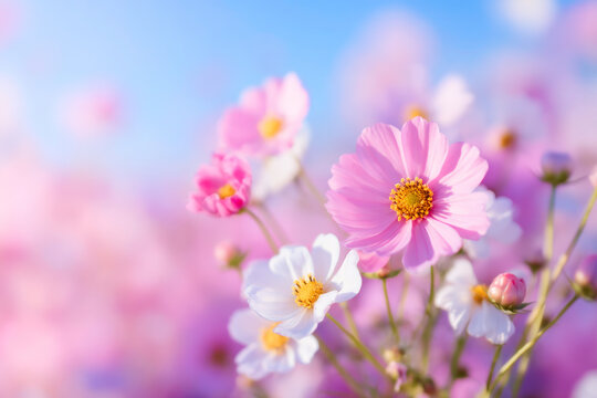 Blooming cosmos flowers in gentle sunlight pastel floral field scenery