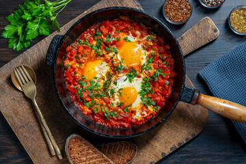 Shakshuka in frying pan for breakfast, closeup. Homemade shakshuka from poached eggs, onion, bell pepper, olive oil, red tomato and parsley in a cast iron skillet, top view. Mediterranean cuisine