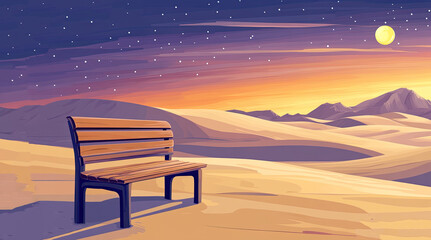 An illustration of a bench with a view of sand dunes and the moon in the evening