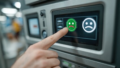 A finger presses a sad-face icon on a touch-screen display mounted on a gray industrial cabinet
