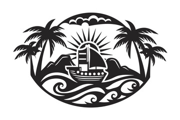 Fototapeta premium Tropical Ship with Palms, Ocean Waves, Sun, Mountains and White Background