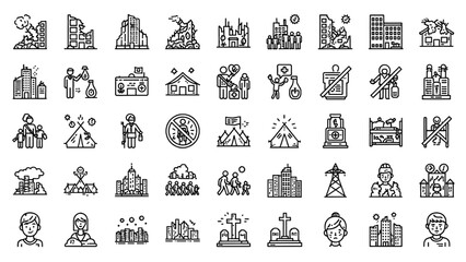 War Consequences Line Icon Set with Destruction, Displacement, Humanitarian Crises, Refugee Camp, Mass Migration, Power Outage, Graveyard, and Orphan Child Thin Linear Illustration
