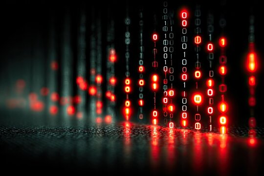 Binary code streams, red illuminated, dark background - Powered by Adobe