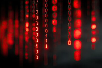 Red binary code chains, blurred bokeh effect