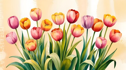 Obraz premium A vibrant bouquet of spring tulips in various colors, including pink, yellow, orange, red, and purple, blooming beautifully