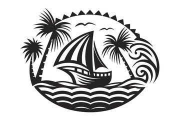 Nautical Boat Voyage with Palm Trees, Waves and Birds on White