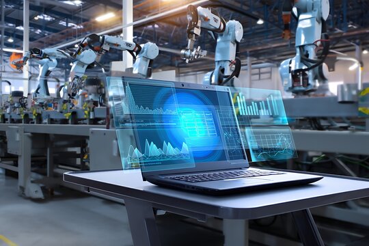 Smart factory using AI with robots and digital twin technology with augmented reality interface on laptop - Powered by Adobe