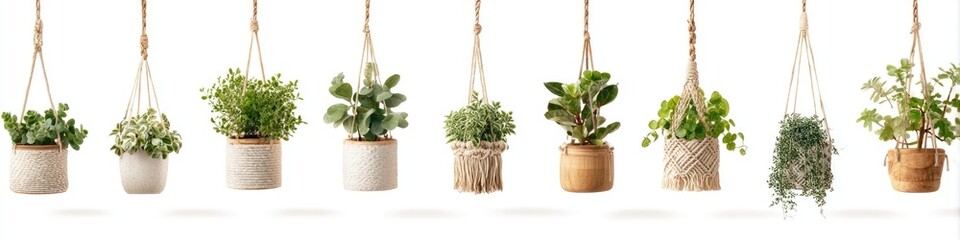 Hanging potted plants in various planters
