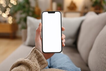 Smartphone held in hand, blank screen, cozy living room