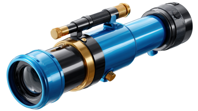Precision Optics: A high-resolution, blue and gold telescope, isolated, exemplifies the art of astronomical observation and discovery. It invites you to gaze at the cosmos.
