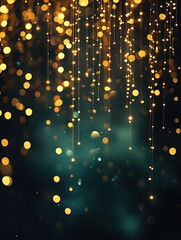 Elegant golden light strings and bokeh circles against a dark teal background