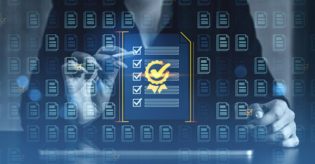 Digital document checklist with certification symbol over futuristic interface screen.