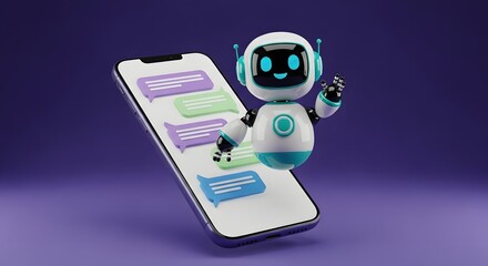 A 3D rendered image of a friendly robot interacting with a smartphone screen displaying chat bubbles.