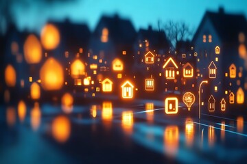 Digital icons representing the concept of digital security and technology, with glowing lights on a blurred background featuring houses in a street view.