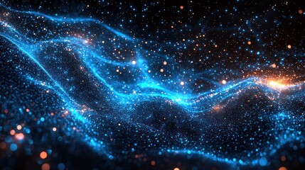 Fototapeta premium Abstract blue energy wave, glowing particles, dark background; perfect for tech, science, or fantasy design