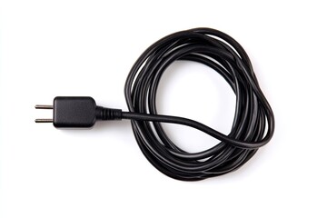 Black coiled cord with two-pronged plug