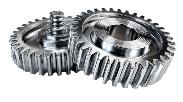 Interlocking Gears: A close-up, photorealistic depiction of two precisely engineered gears, symbolizing industry, mechanics, and the seamless interaction of technology.
