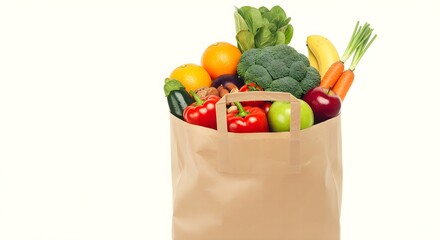 A paper bag full of fruits, vegetables and nuts on a white background with space for a text banner. 