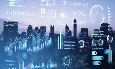 Business analytics data charts and graphs over city skyline at dusk concept.