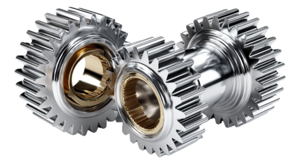 Mechanical Gears: A detailed shot of two interlocking metal gears, representing precision engineering, industry, and the complex mechanics behind technological innovation.
