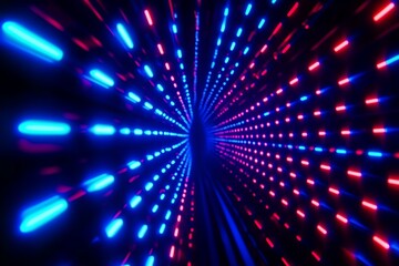 Obraz premium A dynamic background of blue and red neon lights forms an abstract grid pattern, with the glow creating an immersive tunnel effect that adds energy 