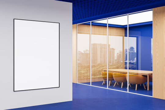 Modern office interior with blank poster mockup on white wall and glass meeting room with city view and vibrant blue accents. 3D Rendering