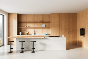 Modern minimalist kitchen interior with wooden cabinetry, open shelves, and marble island in bright natural light. 3D Rendering