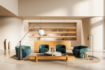 Modern interior with teal armchairs, wooden furniture, and built-in shelves in spacious sunlit room with minimalist decor and round lighting fixture. 3D Rendering
