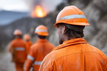 Caucasian male construction workers in orange uniforms observing mountain fire outdoors