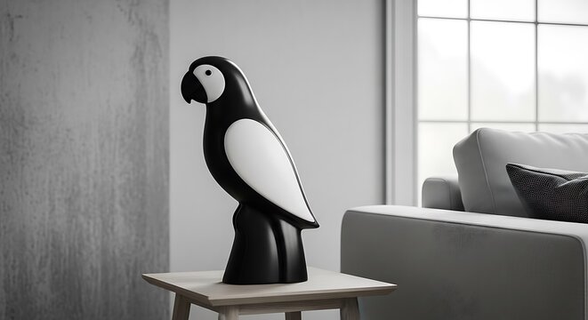 Modern black and white parrot statue adding minimalist elegance to a bright, contemporary living room, perfect for home decor websites and interior design blogs