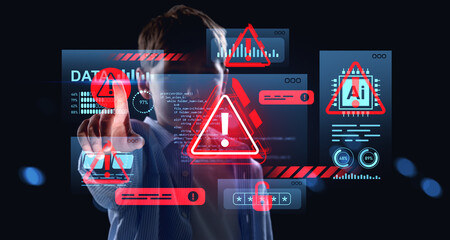 Boy interacting with futuristic digital interface showing cybers