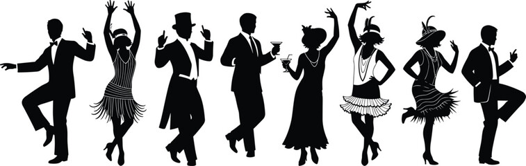 Art & Illustration1920s retro party dancers silhouette, elegant men and women in vintage fashion, dancing poses perfect for Gatsby, jazz, and swing designs1920s retro party dancers silhouette